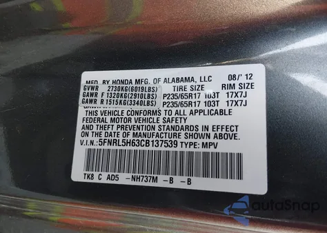 2012 Honda Odyssey Ex-L from USA, damaged, VIN 5FNRL5H63CB137539